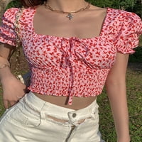 Ženska ljetna majica u vintage stilu s napuhanim leptir rukavima i četvrtastim ovratnikom, krojevima, bluzom s