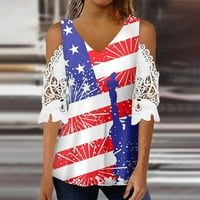Ženske majice i bluze s američkim zastavama, majice s printom od umjetnog pamuka s ramena, prozračne bijele čipkaste