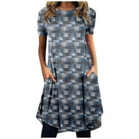 Ljetna haljina za žene casual tiskanje okruglog vrata kratke rukave s džepovima plava l