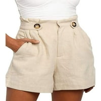 Ženske ljetne Ležerne kratke hlače, široke Pamučne lanene kratke hlače s volanima u struku i džepom