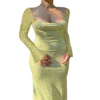 Ženska haljina s dugim rukavima, ležerna cvjetna večernja haljina s otvorenim leđima s naramenicama
