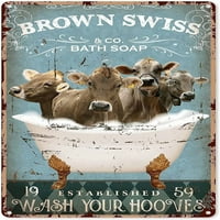 Smeđa švicarska krava kupaonica metalni limen potpis vintage perite svoje kopile poster spavaća soba kuhinja bar