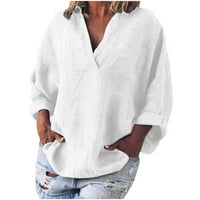 Vrhovi za klirens za ženske modne kapuljače Čvrsta boja Dugi rukavi pamučna lanena košulja s bluzama s bluzama