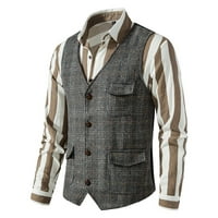 muški prsluk zapadnog stila, Muška jednobojna modna rešetka s džepovima, jednoredni prsluk, Gornji dijelovi, bluza