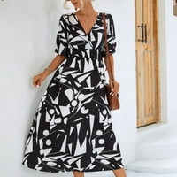 Ljetne haljine za žene s V-izrezom boemska midi haljina patchwork a-line kratka rukava haljina crna xl
