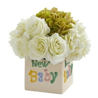 11in. Umjetni aranžman ruža i hortenzije u Nova beba vaza