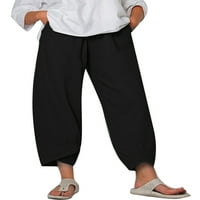 + / Ženske široke pamučne i lanene Ležerne hlače, ljetne hlače za plažu s elastičnim strukom, hlače s džepovima