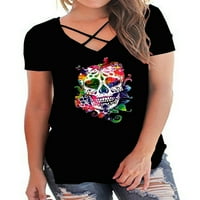 Pfysire Women Skull Tiskan kratki rukavi vrh V vrat casual košulja bluza crna 2xl