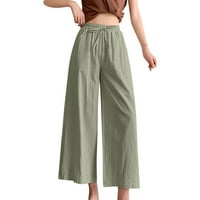 Hlače za vježbanje od pamuka i lana Plus Size s vezicama za plažu, hlače u pet točaka s džepovima, zelena;