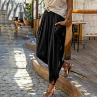 Jednobojne Vintage ženske hlače širokih nogavica od pamuka i lana s elastičnom trakom visokog struka s džepovima