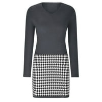 Džemper haljine za žene Clearance Women trendi Houndstooth Šivanje dugih rukava s V-izrezom