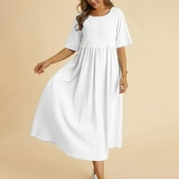 Bijela haljina, Ženska široka Midi haljina od pamuka i lana s okruglim vratom i rukavima u pet točaka, Plus size