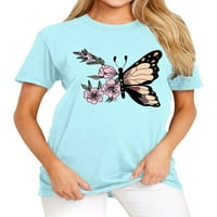 Ženska jednobojna majica kratkih rukava s okruglim vratom s printom leptira