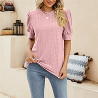 Ženske ljetne majice kratkih rukava s okruglim vratom Ležerne jednobojne majice s napuhanim rukavima ružičaste