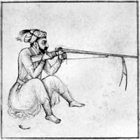 Šah Džahan. Indijski Car Iz Dinastije Mogula. Šah Džahan puca iz puške sa šibicom. Indijski crtež, Sredina 17.