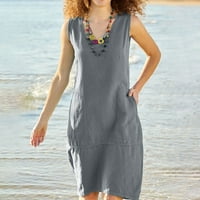 Flash Sale！ Himiway ljetne haljine za žensku haljinu labava pamučna lanena lanena okrugla vrata džep bez rukava