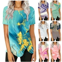 Ženske ljetne vrhove bluze s kratkim rukavima povremene košulje s tunikom V vrat mramorni tiskani bočni vrhovi