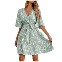 Ženska modna ljetna haljina A kroja s izrezom u obliku slova U I printom do lakta, Zelena a