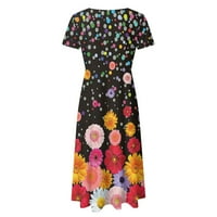 Ženske večernje haljine s kratkim rukavima S cvjetnim printom, Okrugli vrat, široka boho haljina za plažu