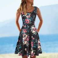 Ljetne haljine za žene tiskanje bez rukava cvjetni uzorak haljina okrugli vrat midi fit i flare dnevno svečano