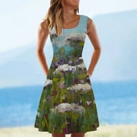 Ženske ljetne haljine u donjem rublju, Haljina Bez rukava, cvjetna haljina s okruglim vratom, plaža zelena