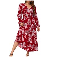 Ženska modna haljina u obliku kroja i struka u obliku slova U, duga haljina s cvjetnim printom s dugim rukavima