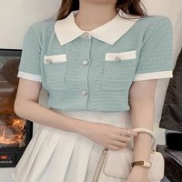 Korejska modna odjeća majice kratkih rukava Žene majice pletene skrenite s ovratnika kardigan ženski vrhovi ljetni
