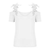 Borniu ženski vrhovi, modni ženski ljetni v-izrez kratki rukavi Čvrsta čipkasta casual majica bluza ženska modna