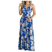 Ženska Maksi haljina s otvorenim leđima s tropskim printom, Haljina Za plažu bez rukava u plavoj boji