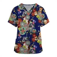 Ženske ljetne majice s izrezom u obliku slova U i kratkim rukavima S cvjetnim printom, radna uniforma, džepna