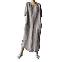 Odjeća haljina siva posteljina modna ženska jednobojna ležerna haljina od pamuka i lana s okruglim vratom i dugim