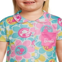 Barbie Toddler Girls Kratki rukavi dugački gumb za hlače prednji set kaputa pidžama, 2-komad, veličine 2T-5T