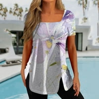 Hane Womens Ljetne košulje, ležerni kvadratni ovratnici vrhovi kratkih rukava, modni cvjetni ispis labave bluze