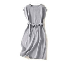 QILaKOg Womens Haljine Summer Leasum Solid Color Linene haljina plus veličina V-izrez šuplji vez za ruffle kapice