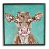 _ Krava ružičastog nosa, šarmantna Farma Goveda na pozadini tirkizne moderne slike u crnom okviru, zidni tisak,