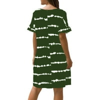 Ženski ležerni V-izrez labava ruffled traka kratkih rukava tiskana a-line midi haljina