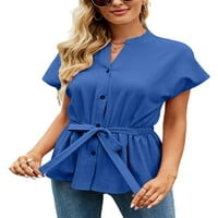 Grianlook Ladies Tops v Majice za vrat Down Down Bluza Žene zavoja košulja s tunikom casual kratki rukavi plavi