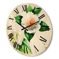 DesignArt 'Drevna bijela kamenija cvjetovi s tradicionalnim drvenim zidnim satom zelenog lišća