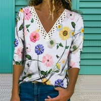 Ljetni cvjetni tiskani vrhovi za žene kukičane čipke obloga v vrat t majice casual labave pulover majice ljubičaste