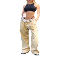 Ženske casual teretne hlače s otisnutim slovima, donji struk, duge ravne hlače s džepovima
