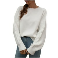 Ženske Ležerne jednobojne pletene džempere od pletenog užeta dugih rukava s okruglim vratom, bluza,bijela, jesenska