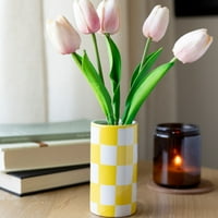 Stolna ploča od 10,5 umjetnih tulipana u žutoj kariranoj keramičkoj vazi