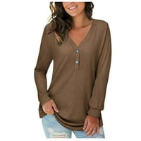Košulje za žene, ženske jednobojne Ležerne majice s izrezom u obliku slova U I gumbima, bluza dugih rukava, široka
