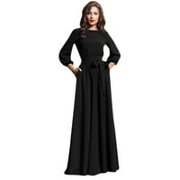Ženska modna jednobojna ljetna haljina A kroja S okruglim vratom S dugim rukavima u crnoj boji u donjem dijelu