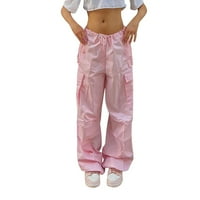 Ženske plus veličine privezane ravne teretne hlače ravne široke noge labave ležerne hlače ženske hlače ružičaste