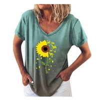 Majica dyfzdhu za žene modne žene V-izrez tiskana majica s kratkim rukavima Suncokret labavi pulover
