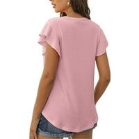 Ženske modne ljetne Ležerne košulje s volanima kratki rukav Okrugli vrat jednobojni ružičasti vrh u A-listi