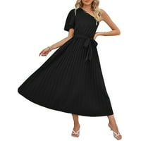 Ljetne haljine za ženske haljine u Baywellu One rame Midi haljina kratka rukava Čvrsta boja ruffle Flowy Swing