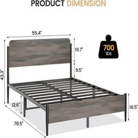 Metalni okvir kreveta u punoj veličini sa zakrivljenim drvenim uzglavljem i podnožjem, okvir kreveta na platformi