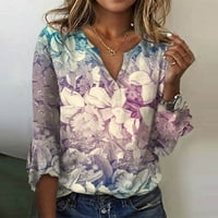 Ženska labava ležerna majica s izrezom u obliku slova tri četvrtine s rukavima od čipke s cvjetnim printom ženski